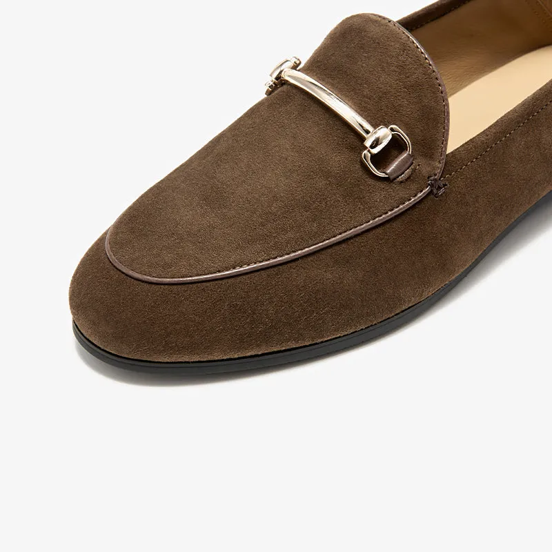 BeauToday Round Toe Womens Loafers Business Casual Suede Sheepskin Walking Flats with Metal Decoration