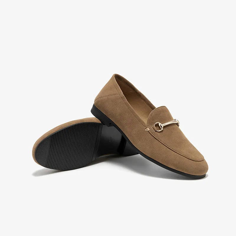 BeauToday Round Toe Womens Loafers Business Casual Suede Sheepskin Walking Flats with Metal Decoration
