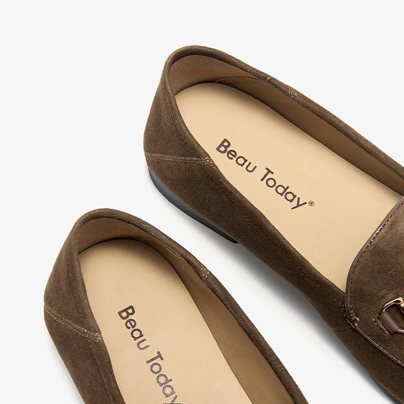 BeauToday Round Toe Womens Loafers Business Casual Suede Sheepskin Walking Flats with Metal Decoration
