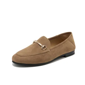 BeauToday Round Toe Womens Loafers Business Casual Suede Sheepskin Walking Flats with Metal Decoration