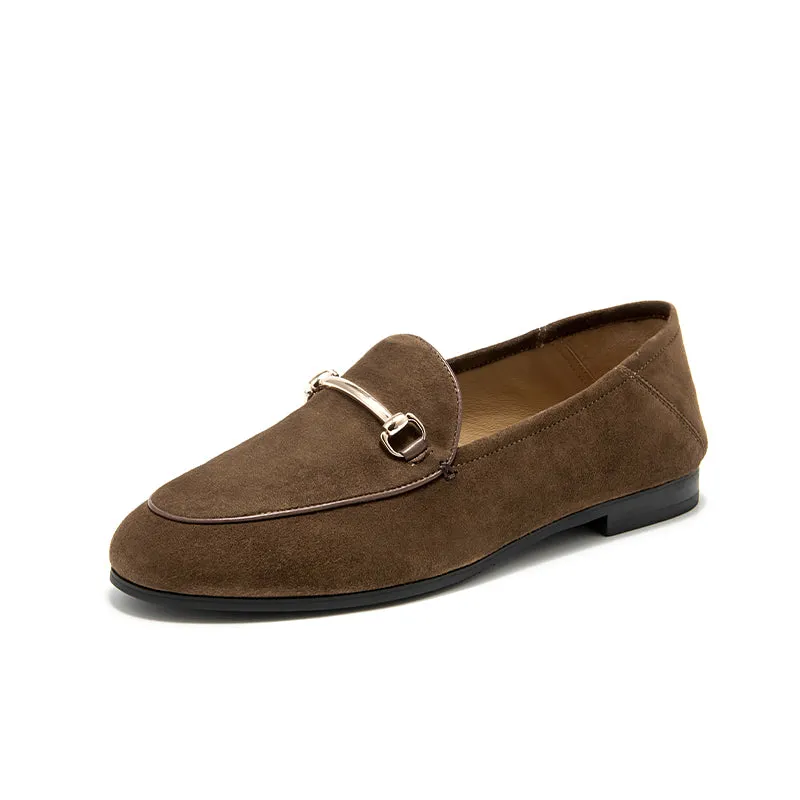 BeauToday Round Toe Womens Loafers Business Casual Suede Sheepskin Walking Flats with Metal Decoration