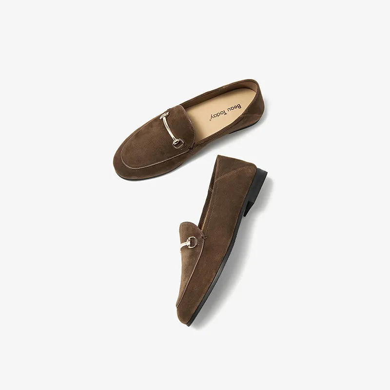 BeauToday Round Toe Womens Loafers Business Casual Suede Sheepskin Walking Flats with Metal Decoration