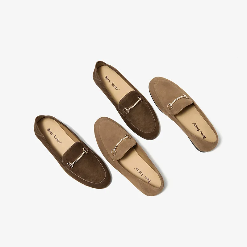 BeauToday Round Toe Womens Loafers Business Casual Suede Sheepskin Walking Flats with Metal Decoration