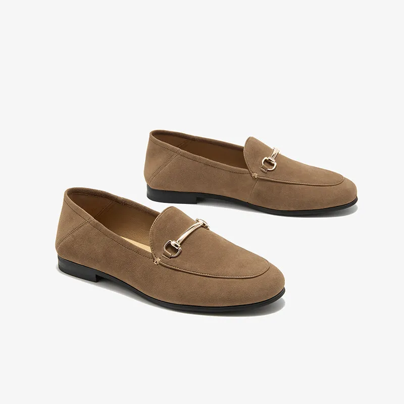 BeauToday Round Toe Womens Loafers Business Casual Suede Sheepskin Walking Flats with Metal Decoration