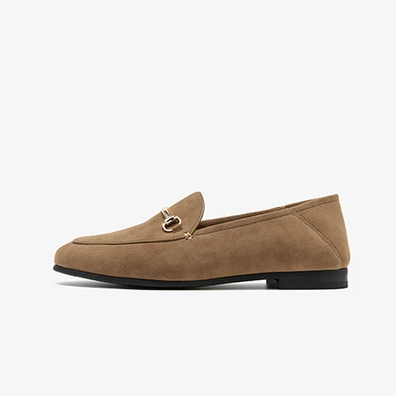BeauToday Round Toe Womens Loafers Business Casual Suede Sheepskin Walking Flats with Metal Decoration