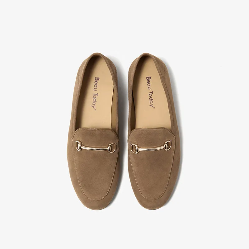 BeauToday Round Toe Womens Loafers Business Casual Suede Sheepskin Walking Flats with Metal Decoration