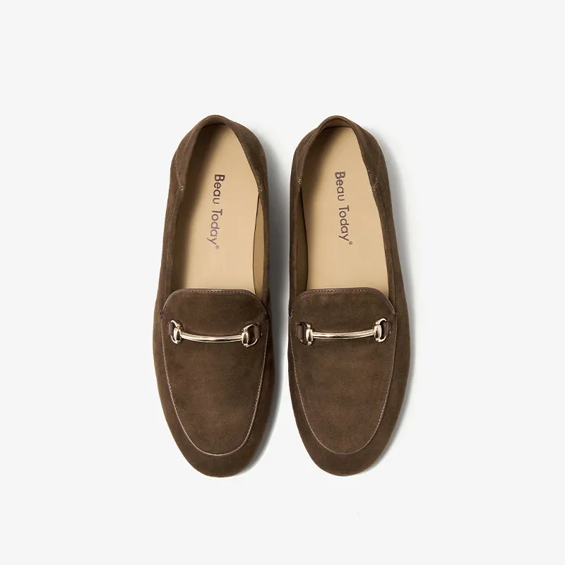 BeauToday Round Toe Womens Loafers Business Casual Suede Sheepskin Walking Flats with Metal Decoration