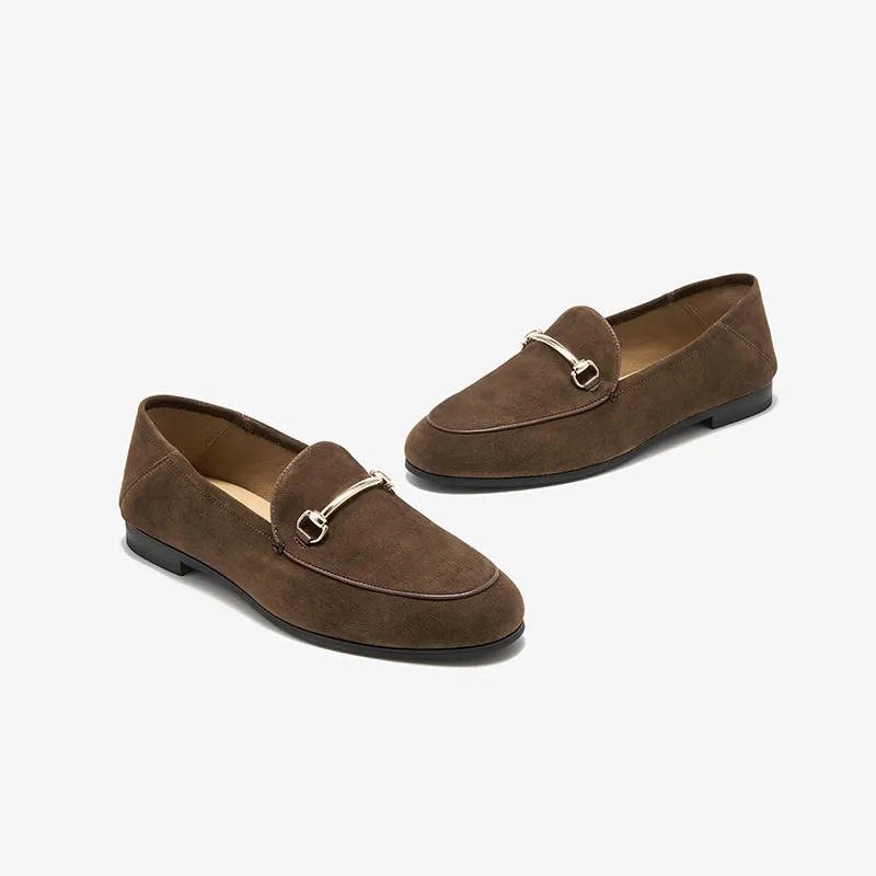 BeauToday Round Toe Womens Loafers Business Casual Suede Sheepskin Walking Flats with Metal Decoration