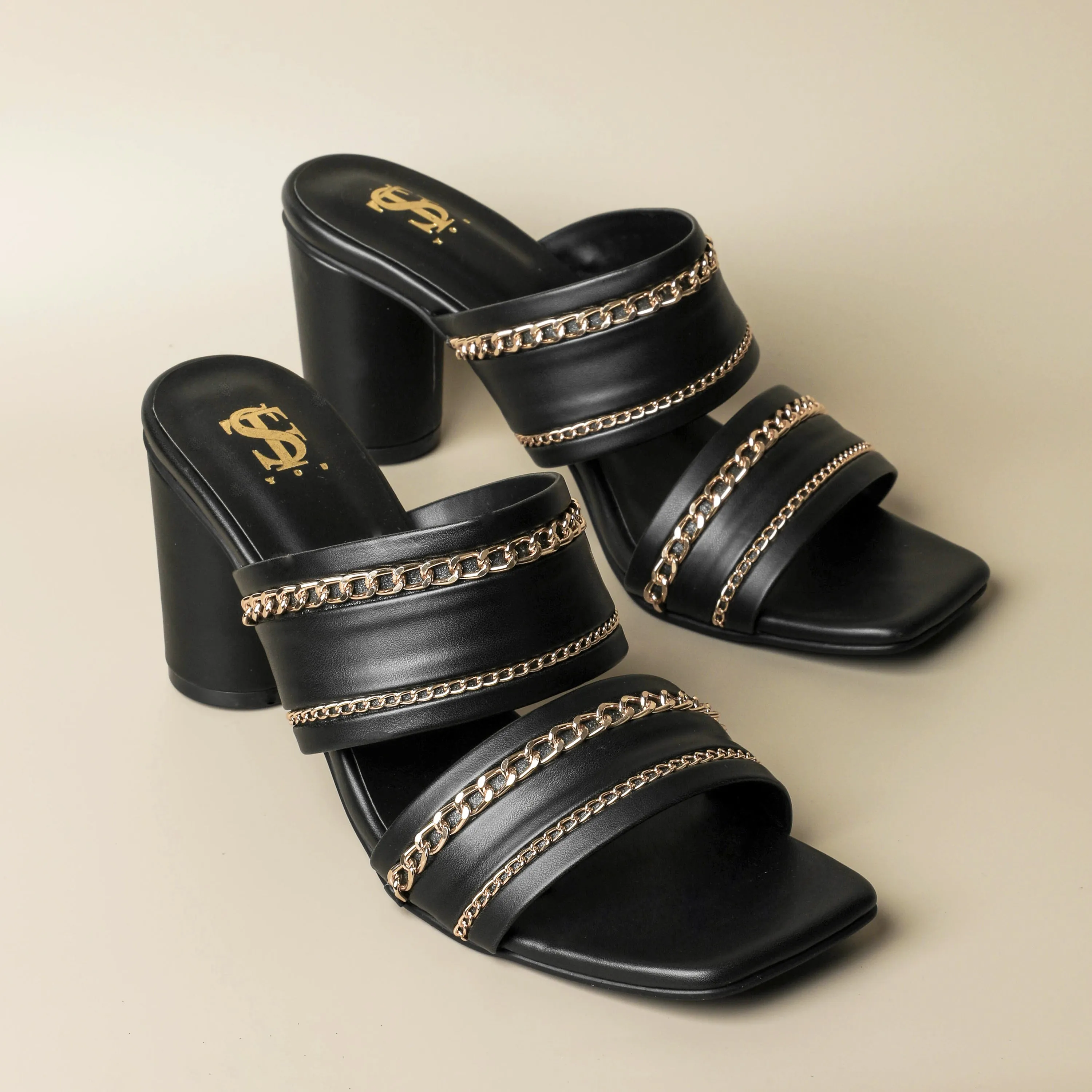 Black Chunky Chained Heels