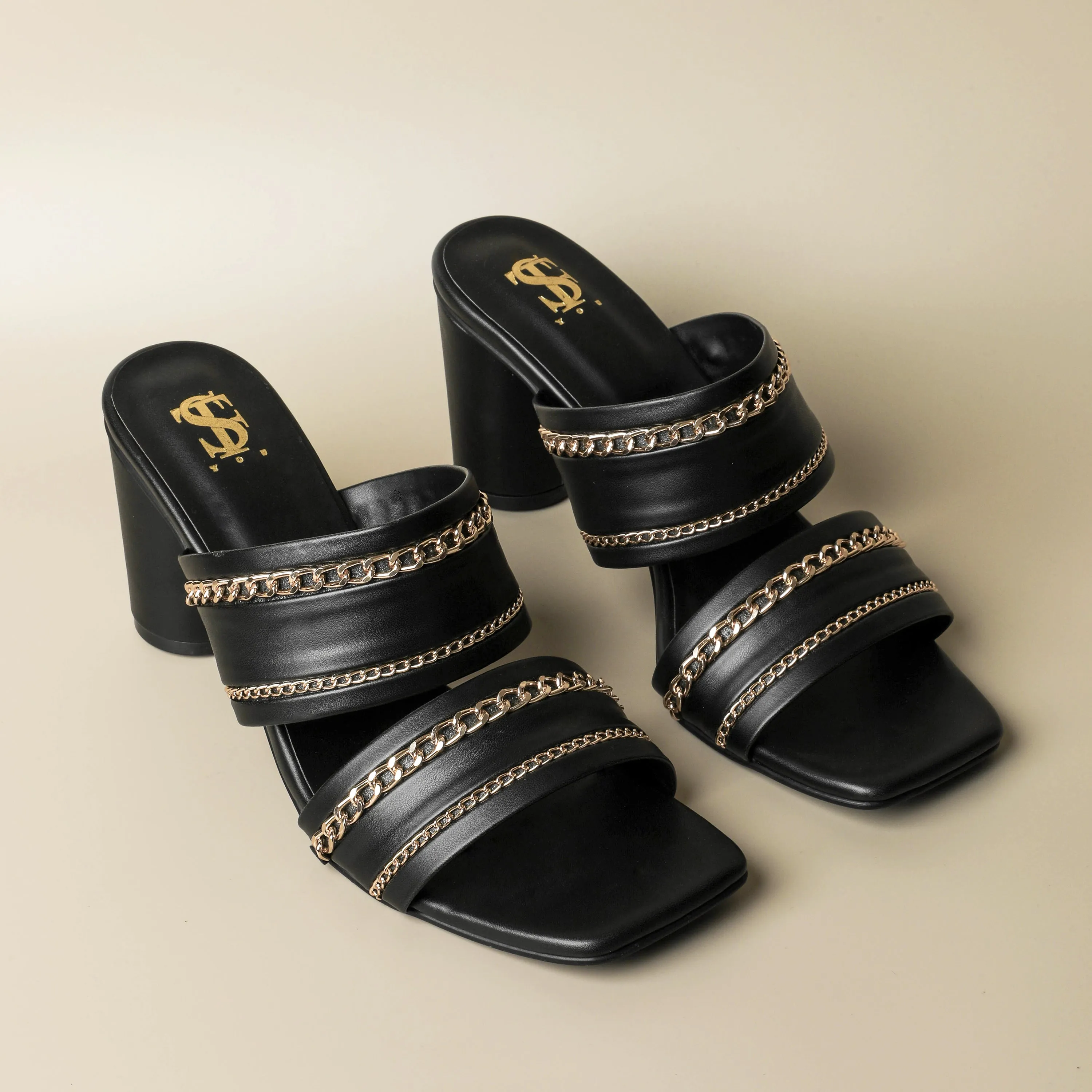 Black Chunky Chained Heels