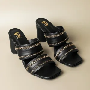 Black Chunky Chained Heels