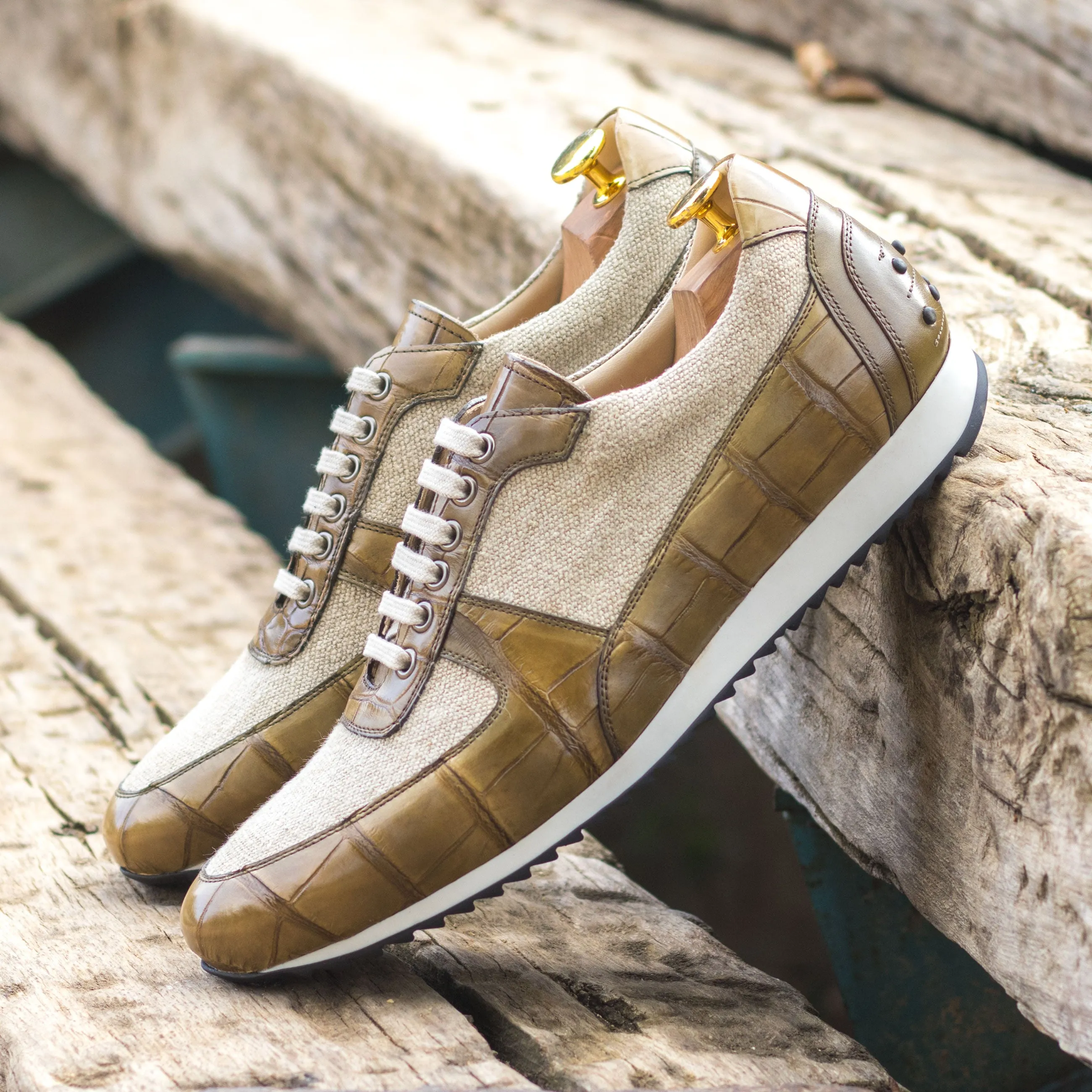 Linen and Alligator Trainer Sneakers