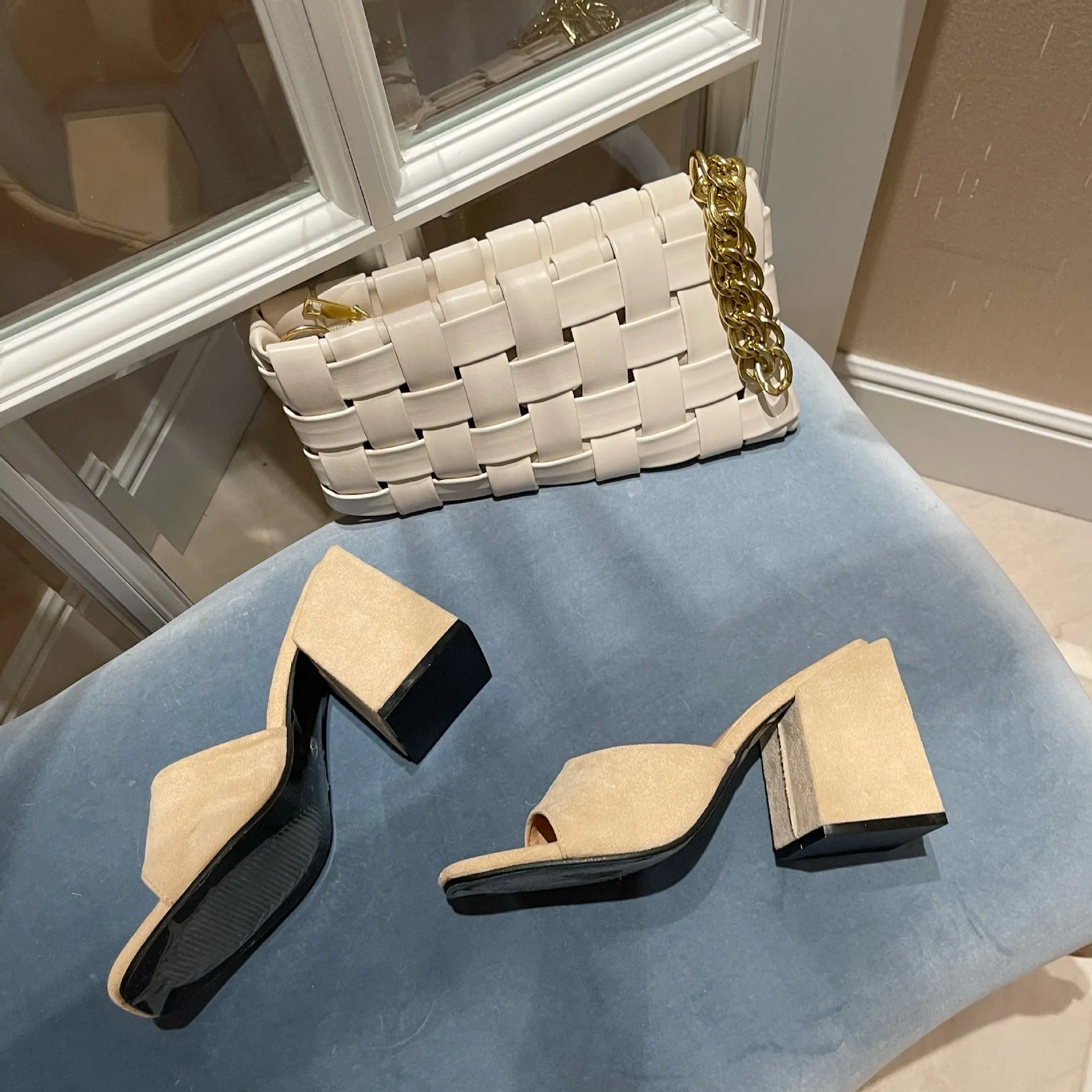 Nude Strappy Block Heels Summer Thick High Heel Simple Sandals