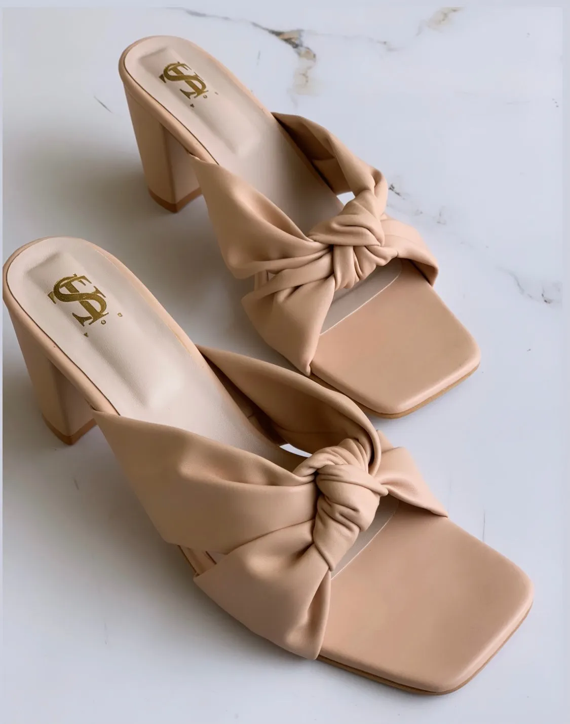 Peach Knotted Square Toe Heels