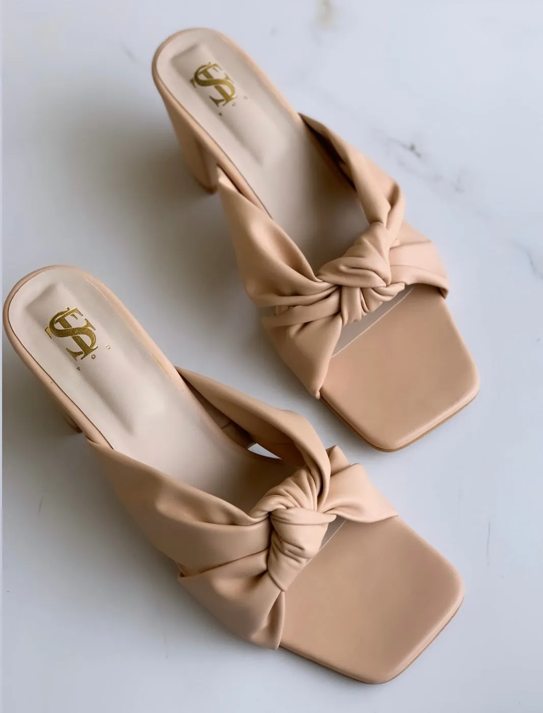 Peach Knotted Square Toe Heels