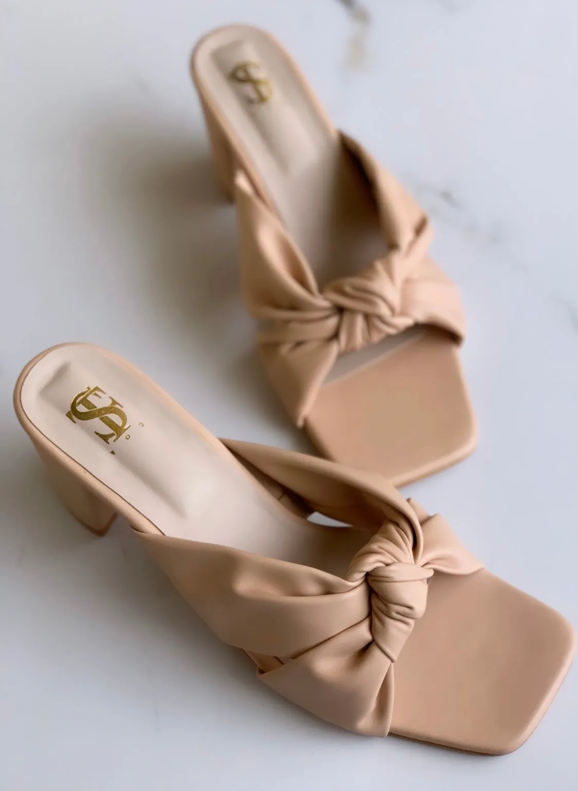 Peach Knotted Square Toe Heels