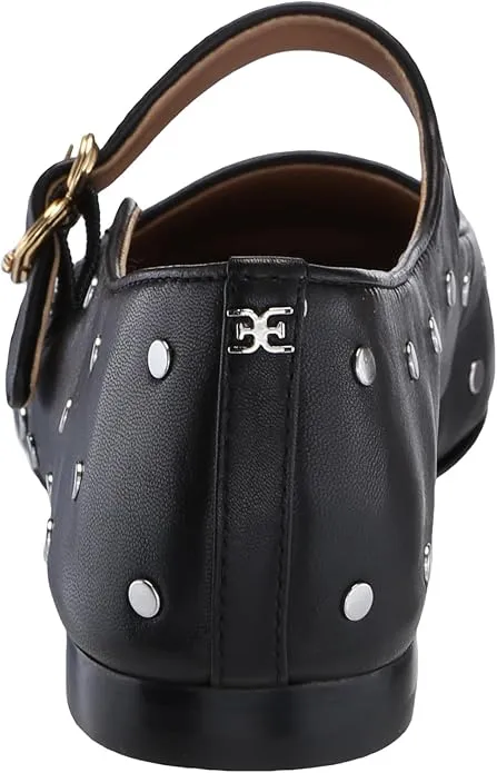 Sam Edelman Michaela Black Leather Studs Mary Jane Ankle Strap Squared Toe Flats
