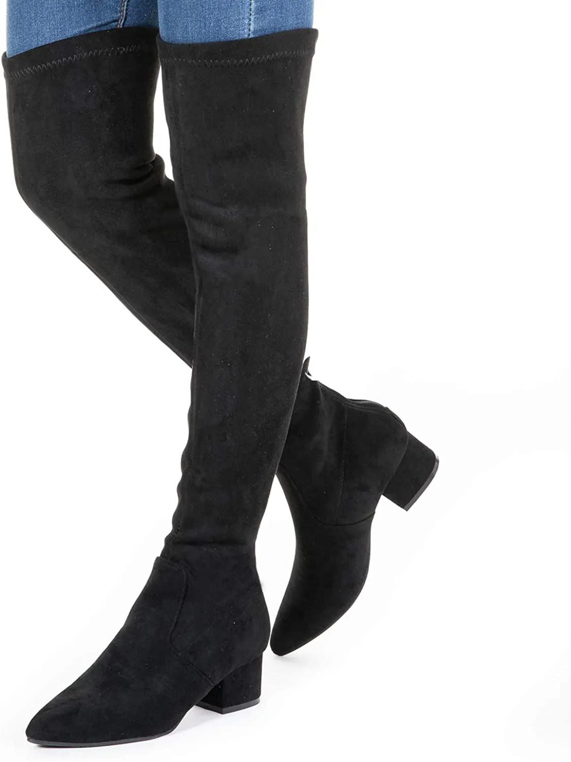 Winter Pink Suede Over Knee Chunky Heel Boots