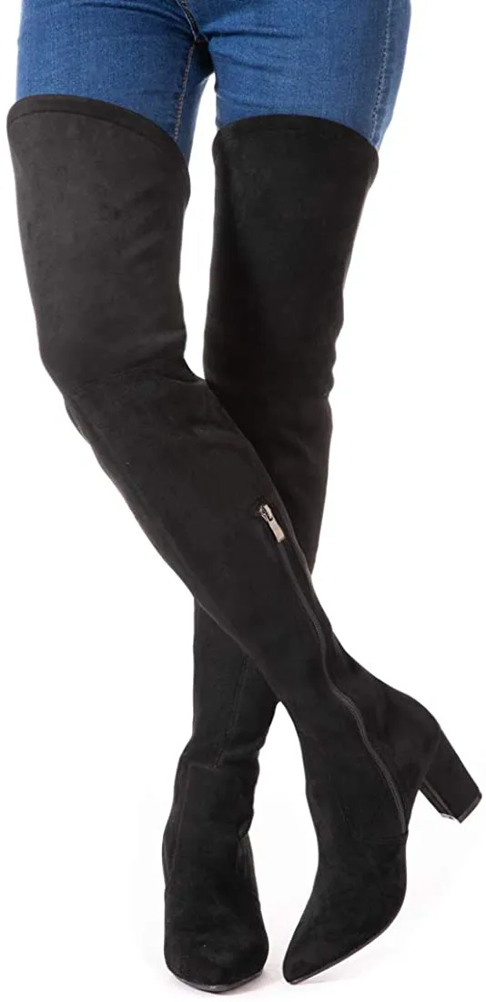 Winter Pink Suede Over Knee Chunky Heel Boots